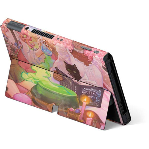 Pink Anime Witch Girls in Library with Cats by Ivy Dolamore Nintendo Switch OLED (2021) Skin
